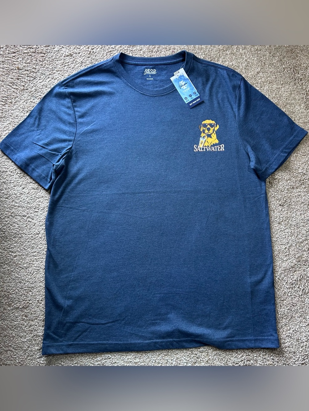 IZOD Saltwater Soft Wash Crew Men's Navy Blue Dog Graphic T-Shirt Size Large